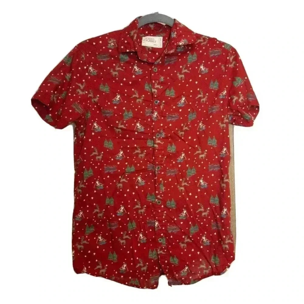 Free Planet Mens Button Up Red Christmas Santa Reindeer Ski Shirt Sz S Modal